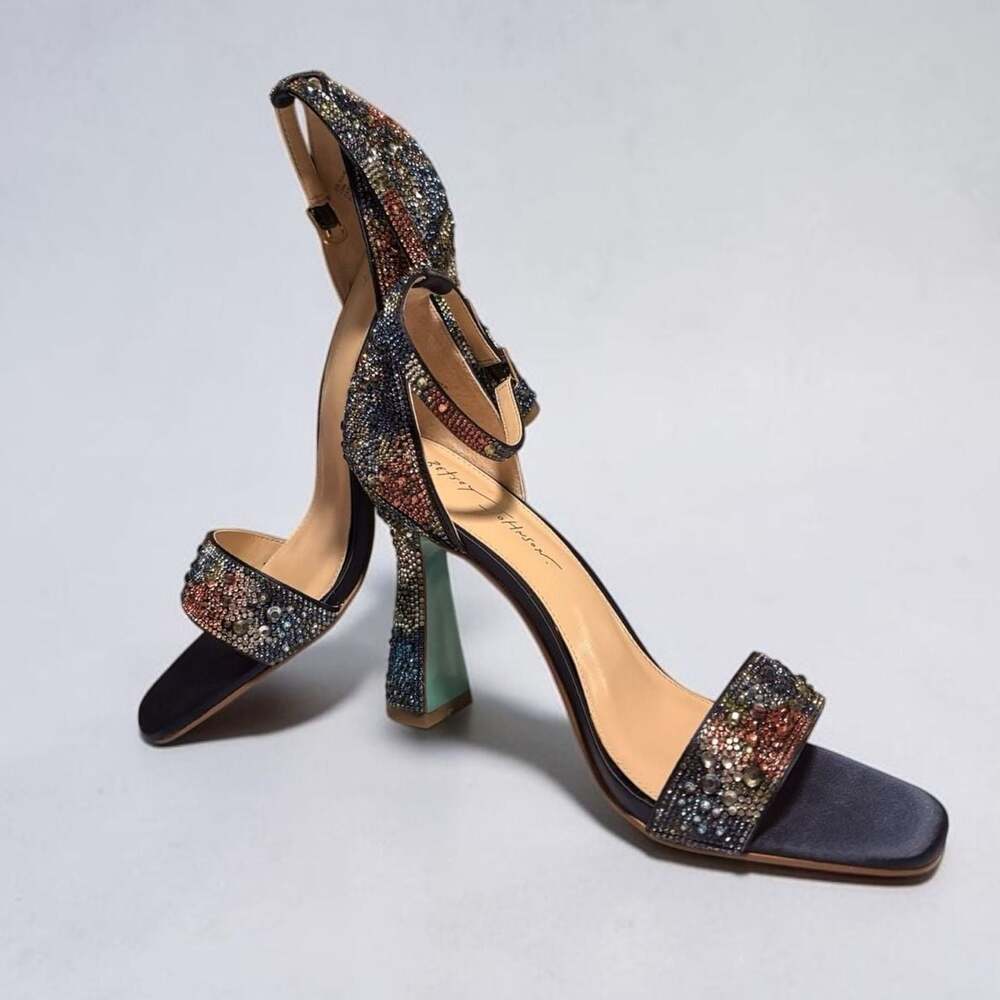 Betsey Johnson SB-DANI Navy Floral Rhinestone Ankle Strap Heels Size 10